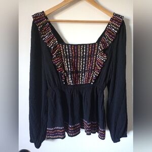 Savannah Jane Embroidered Black Boho Top Size Medium